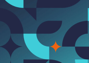 Abstract design elements in teal, dark blue, and sea green, with an orange diamond shape near lower right section.