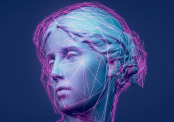 Digital rendering of classic sculpture using AI tools, against a blue background.